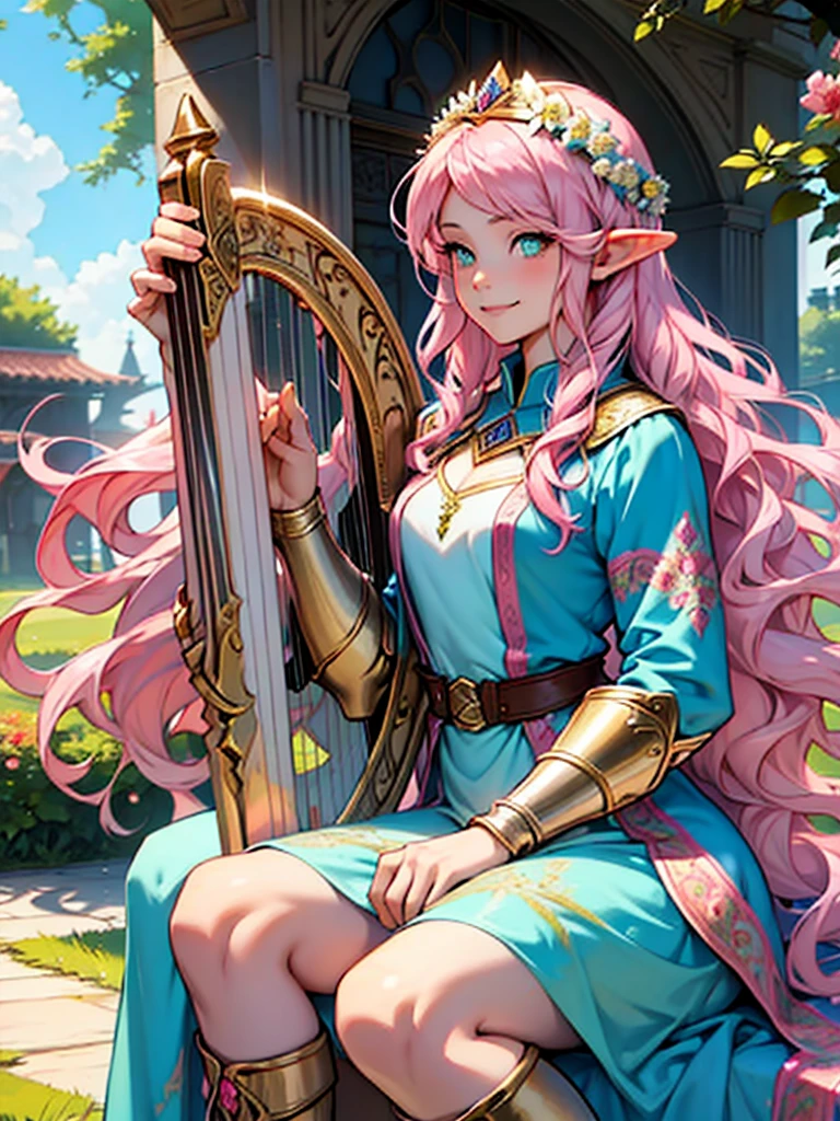 beautiful adult women elf, long pink hair and blue streaks hair, green eyes, with flower crown, smile, flirty bard, playing a small harp, boots, blue and pink armor dress, medium bust,
