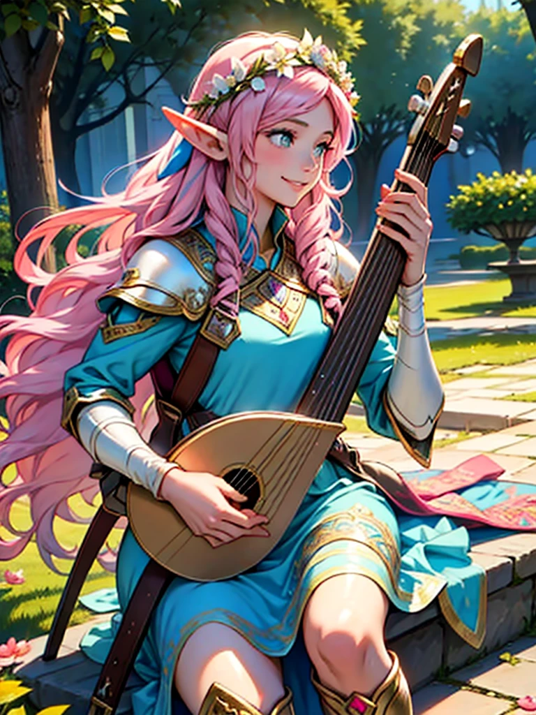 beautiful adult women elf, long pink hair and blue streaks hair, green eyes, with flower crown, smile, flirty bard, playing a small harp, boots, blue and pink armor dress, medium bust,
