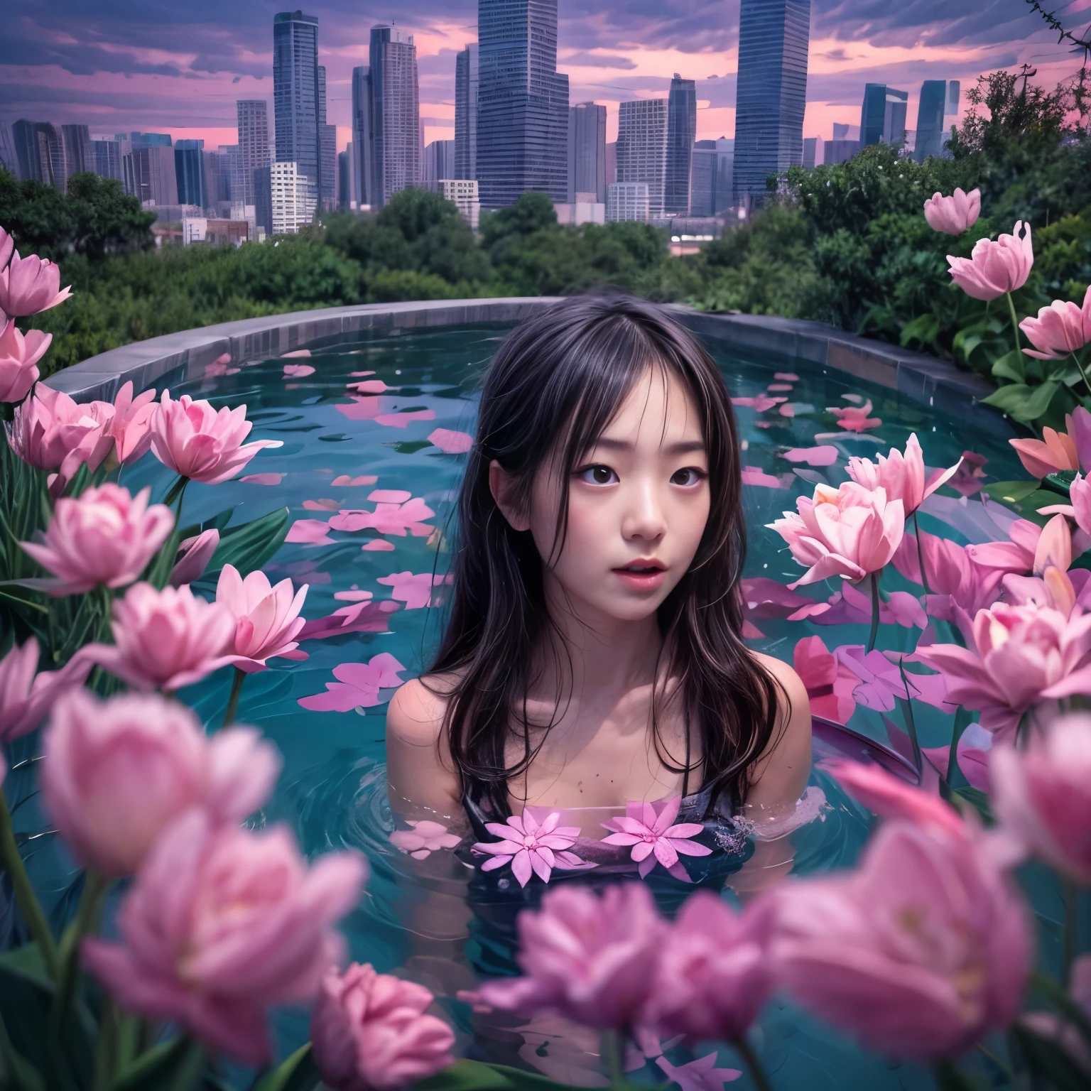 280th floor infinity pool,The tallest building in the urban forest, {Around bonsai|Luo Han Song|coconut palms|tulips|Rose flower}, ExtermlyDetaild(ProfessionlPhoto of Girl floating in the sky:1.37)(Masterpiece 8K TopQuality:1.2), ExtremelyDetailed KAWAII face Eyes{ElaboratePupils with (SparklingHighlights:1.28)|DoubleEyelids with (Voluminous LongEyelashes:0.88)|RosyCheeks} BREAK Detailed impeccable Radiant PearlSkin with Transparency, Skinny(SchoolSwimwear:1.37) beautiful graceful {(HiddenHand)|(Corrected BabyLikeHand)} (Whole Body Proportions and all limbs are Anatomically Accurate), Full of Flowers