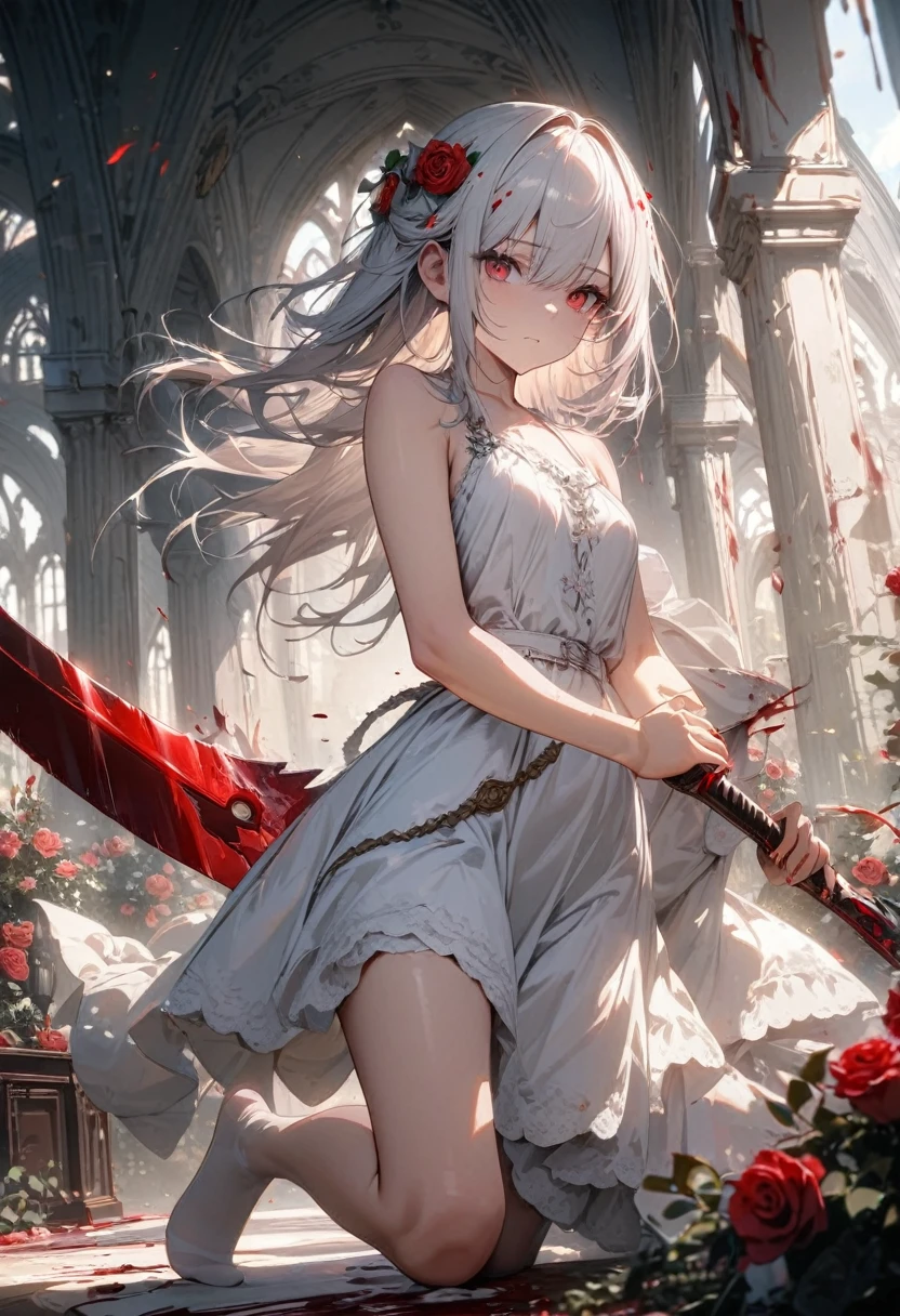Young girl, Long white hair, Red eyes, Roses in hair, Blood blade, White Dress, No sleeve, No shoes, Blood, masterpiece, Highest quality, Full HD, 8K, Super detailed, Great graphics