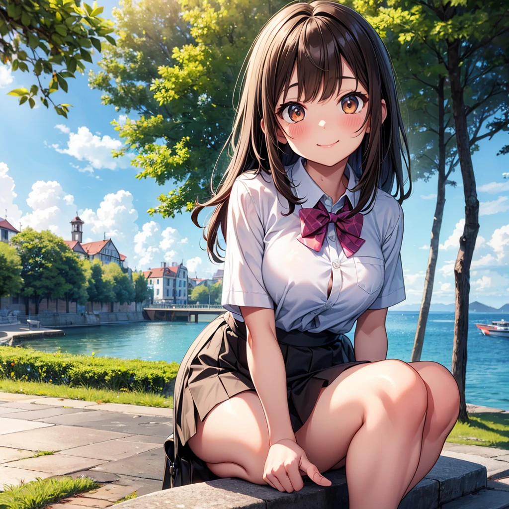 master piece, extremely detailed, high resolution, Haruba Negi style, girl, brown hair, white short sleeve shirt, light blue bow tie, big-bust, slim waist, diamond eyes, checkered mini skirt, crouched posture, smiling happily with closed mouth, glossy plump lips, pink lips, glossy hair, looking at camera, blushing and embarrassed, park with stone steps overlooking the sea in the background, port town visible, long bangs, brown eyes,Soaked white shirt