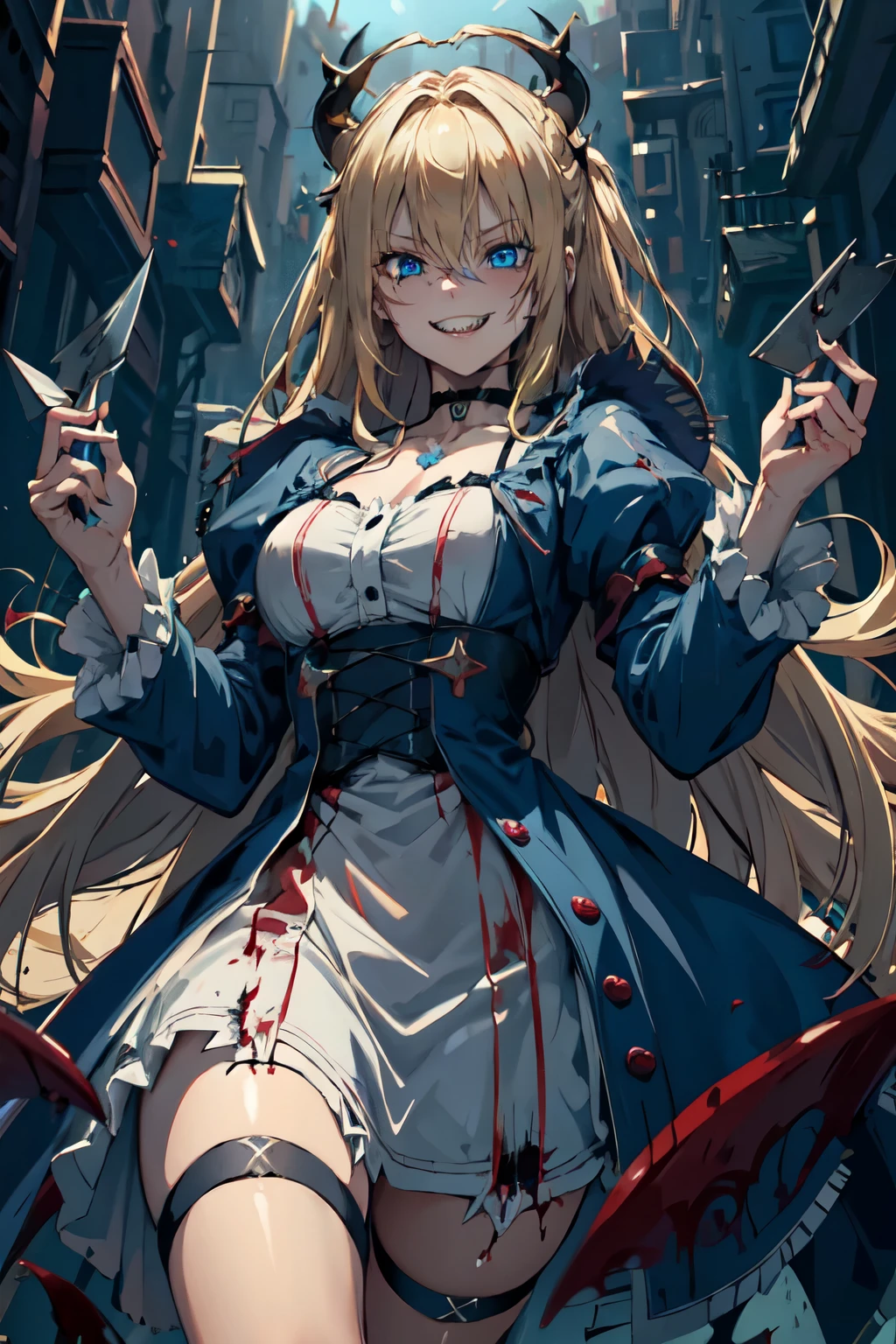 Best quality, 4K,Masterpiece, Extremely detailed, 8K, High detail, Sharp focus, 1girl, Solo, Alice in wonderland, long blonde hair, Detailed eyes, choker, long coat, Smile, Gesugao, (Evil smile:1.1), Sharp teeth, (Crazy blue eyes:1.2), Yandere, holding knives, (blood spatter:0.95)