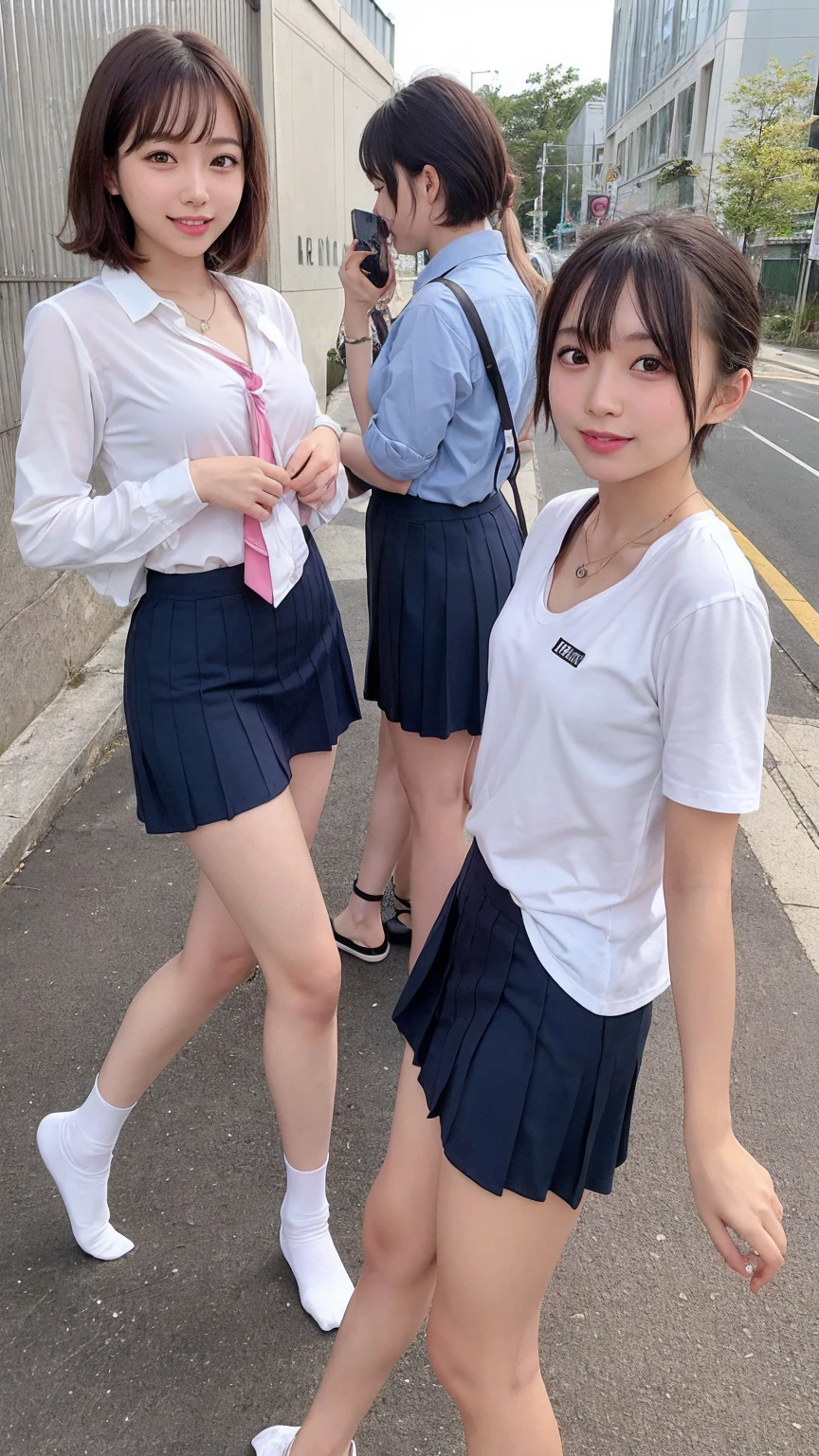 Japanese schoolgirl、Exposing the chest、shirt、Loose tie、Very short checked skirt、Sockless feet、Sexy 、whole body、Shooting from below、Thin thighs、necklace、smile、Short-haired twin-tailed