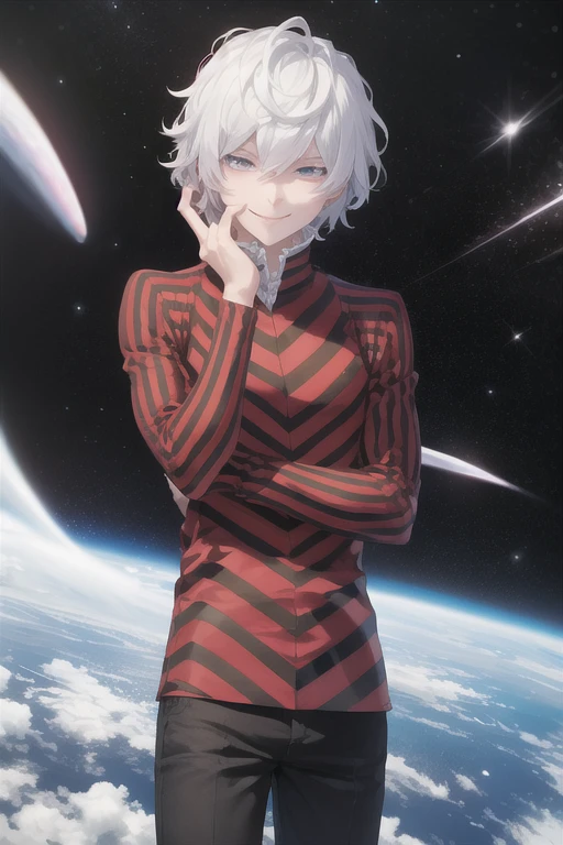 masterpiece, best quality, solo, 1boy, looking at viewer, smile,  alcordesu2, striped shirt, pants, space, hand on own face,