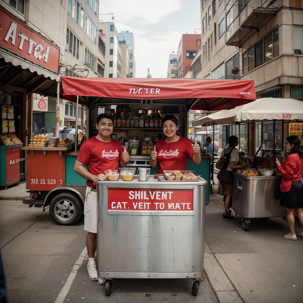 Generate an image of two cheerful street food vendors standing proudly beside their food cart. They are wearing matching red shirts, giving a thumbs-up to the camera. The food cart features a large silver steamer and various cooking supplies. The background should depict a busy urban street with buildings and passing vehicles, capturing the lively atmosphere of a bustling city."