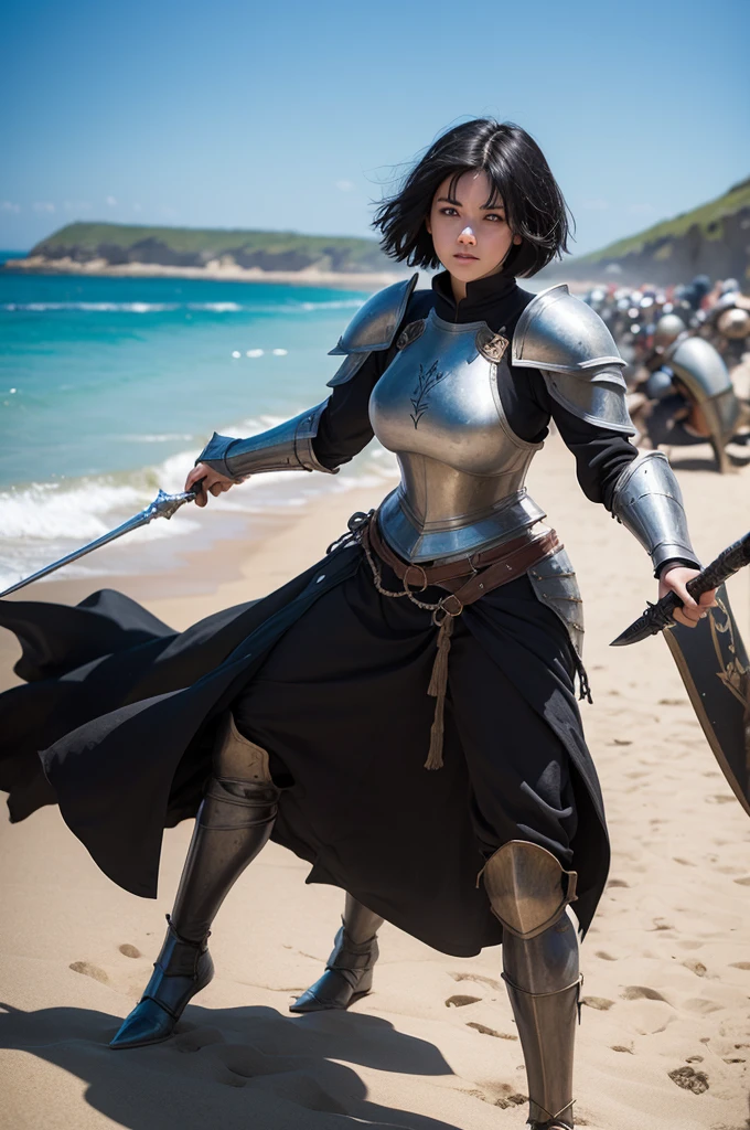 A woman with short black hair in medieval armor in a battle on the beach 