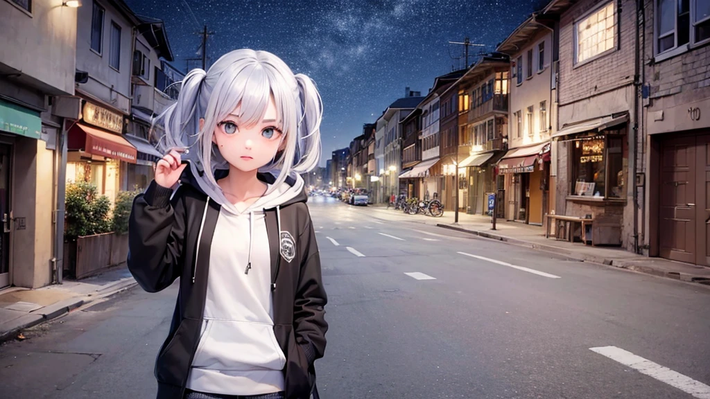One girl,City of night,Wearing a hoodie,Gray Hair,Back Alley,8K