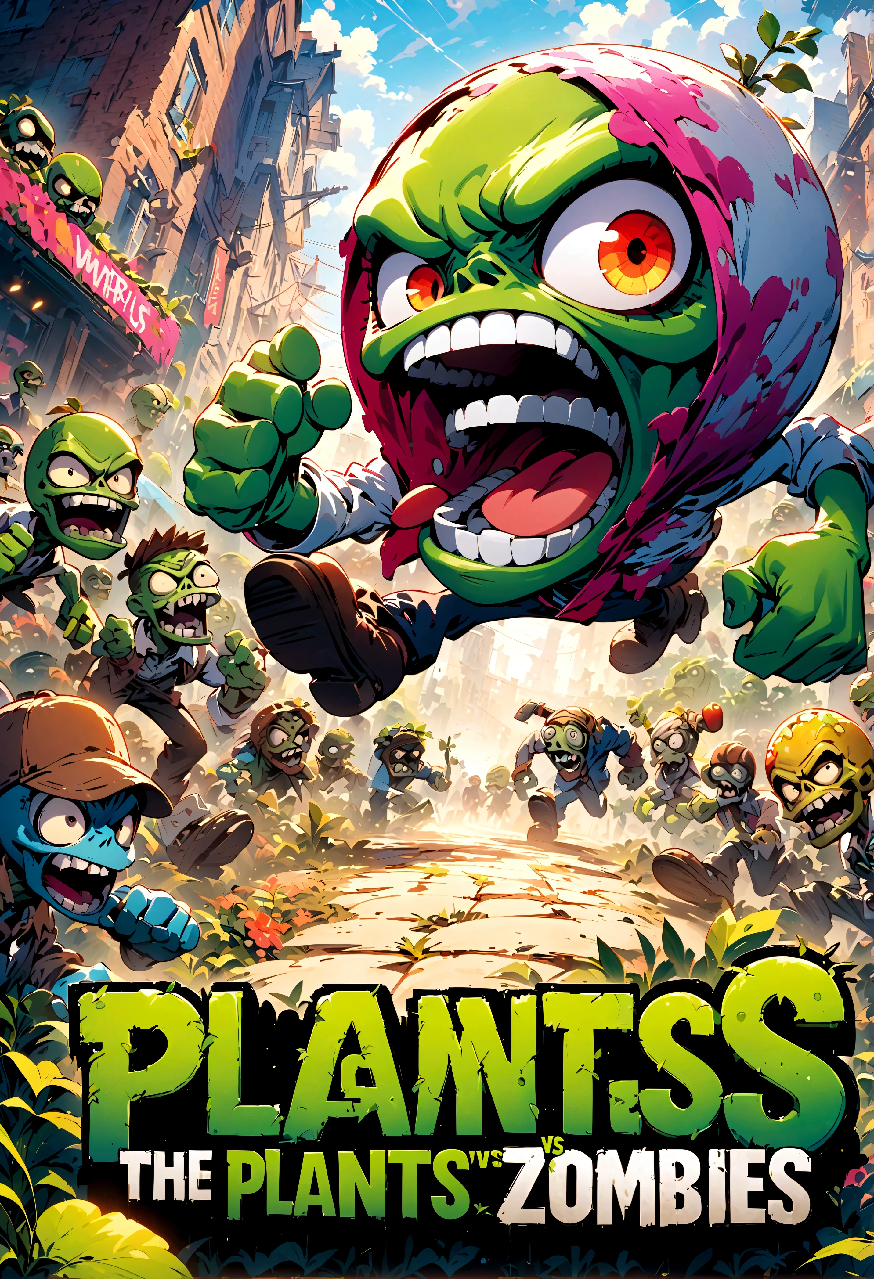 masterpiece, top quality, best quality, official art, beautiful and aesthetic, game poster, Plants vs. Zombies, text saying "Plants Vs Zombies",extremely detailed