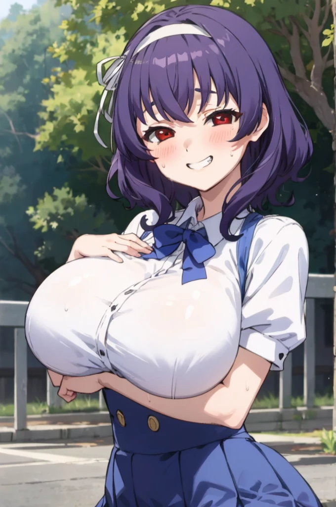 ,1girl, looking at viewer,
yamanobe tomo, purple hair, red eyes, medium hair,  , hairband,white shirts, short sleeves, blue skirt, high waist skirt,,(((huge breasts))), ,grin,blush,outdoor,sweating,