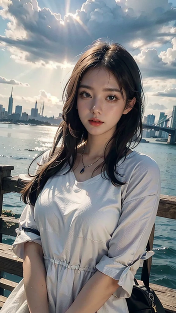 best quality, masterpiece, photo realistic, intricate details, raw photo, photon rendering, octane render, absurdres, ultra detailed, detailed face, detailed skin, trending on artstation,8k masterpiece,cinematic lighting, scenery, scenery, no humans, cityscape, sky, city, cloud, outdoors, building, sunset, city lights, bridge, river, tree, roadn, artist name,