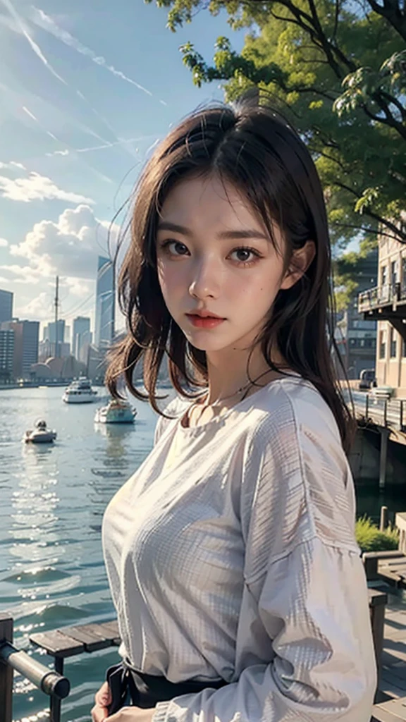 best quality, masterpiece, photo realistic, intricate details, raw photo, photon rendering, octane render, absurdres, ultra detailed, detailed face, detailed skin, trending on artstation,8k masterpiece,cinematic lighting, scenery, scenery, no humans, cityscape, sky, city, cloud, outdoors, building, sunset, city lights, bridge, river, tree, roadn, artist name,