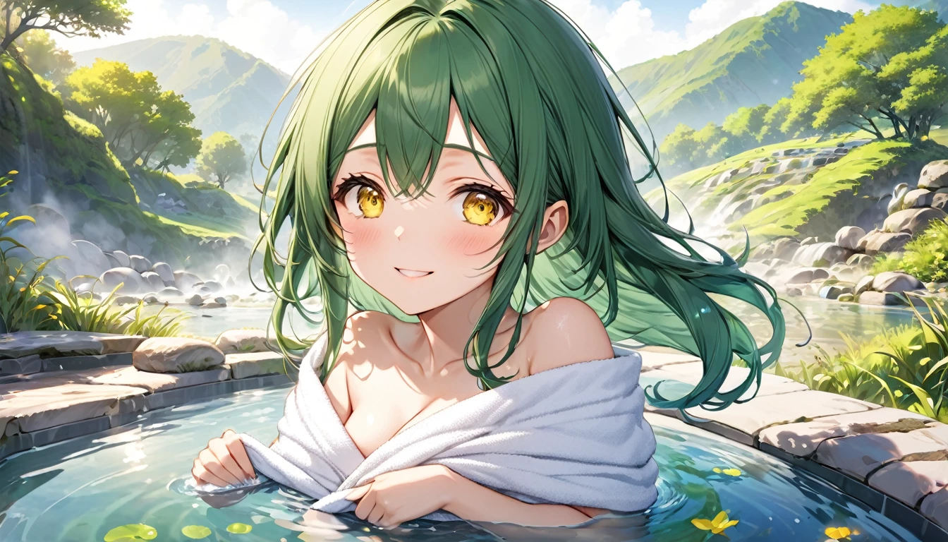 score_9, score_8_up, score_7_up, source_anime,
vocaloidgumi, <lora:vocaloid-gumi-ponyxl-lora-nochekaiser:1>,
gumi, green eyes, green hair, medium hair, sidelocks,
nude, naked, 
outdoors, onsen, towel, naked towel, steam, bathing, nude cover, partially submerged, water, bath, steam censor, wet towel,
looking at viewer, dutch angle, cowboy shot,