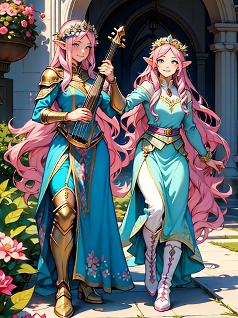 beautiful adult women elf, long pink hair and blue streaks hair, green eyes, with flower crown, smile, flirty bard, playing a small harp, boots, blue and pink armor dress, medium bust,
