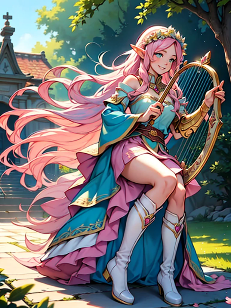 beautiful adult women elf, long pink hair and blue streaks hair, green eyes, with flower crown, smile, flirty bard, playing a small harp, boots, blue and pink armor dress, medium bust,