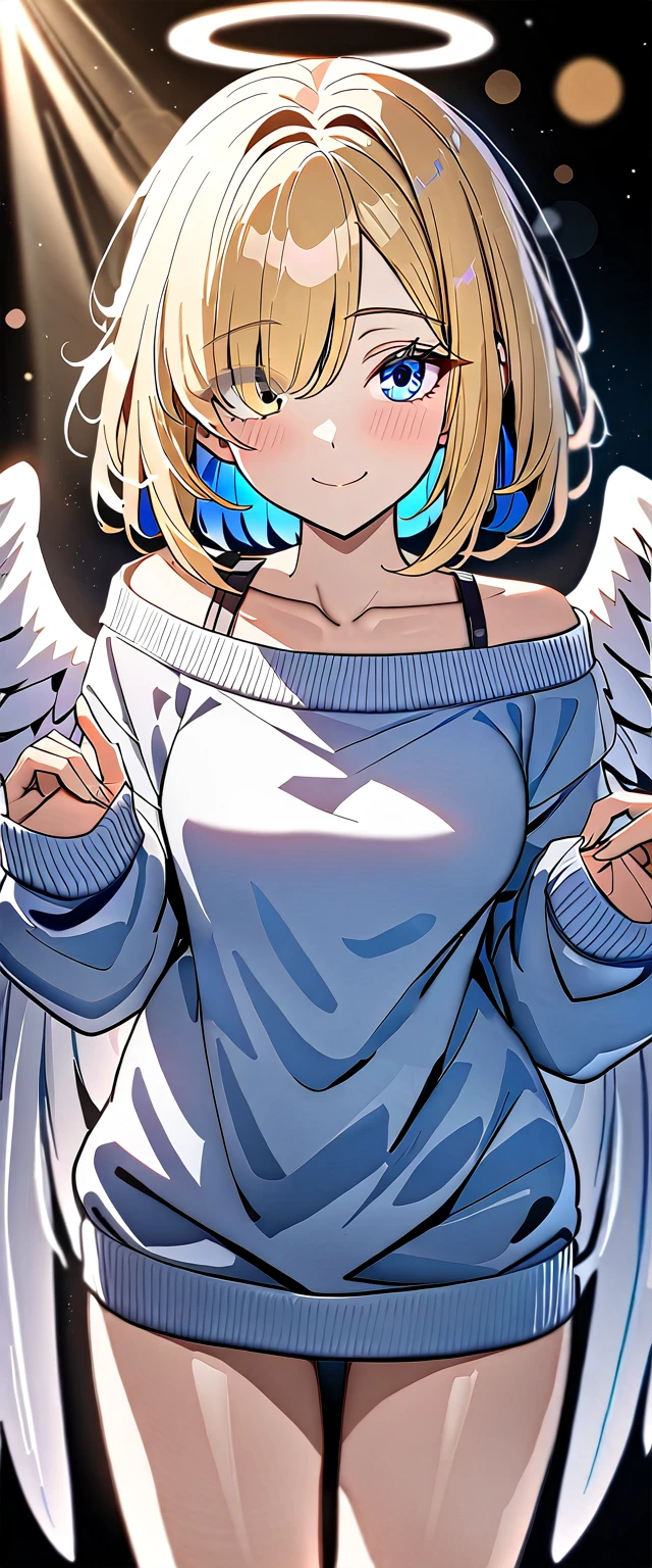 ((angel, big big white wings:1.3, halo:1.3)), (((cowboy shot))), ((flying)), archangel Uriel, ((wavy hair, outward curled hair)), evening, Sunset, ((blond hair, bob cut:1.3)), breasts, ager, (looking at viewer), oversized clothes, puffy long sleeves, collarbone, ((off-shoulder sweater dress:1.3, Quite thick shoulder straps)), (((sleeves past wrists:1.3))), ((white sweater)), collarbone, head tilt:1.3, (((blue eyes))), ((happy smile)), (((anime style))), (best quality, 4K, 8K, highres, masterpiece:1.2, ultra-detailed, ultra-detailed eyes, HDR, uhd, studio lighting, ultra-fine painting, sharp focus, physically-based rendering, extreme detail description, professional, vivid colors, bokeh), ((Highest quality, Best image quality, Ultra-high resolution, Ultra-high resolution, solo, Strong eye highlights)), Depth of written boundary, Natural soft light, attractive, Beautiful Face, Cleanliness, Pure Face, medium chest, Beautiful Face, Perfect Fingers, Perfect hands, Perfect body, Perfect Face, Shine a light into your eyes, Perfect Anatomy