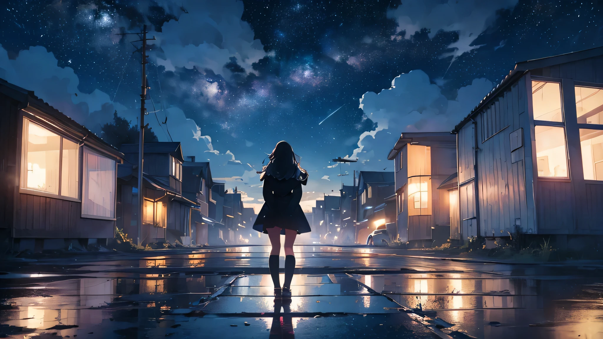Octane, null, star (null), scenery, starry null, night, One girl, night null, alone, Outdoor, building, cloud, milky way, Sitting, wood, Long Hair, city, cityscape, Highest quality, 8K,lofi