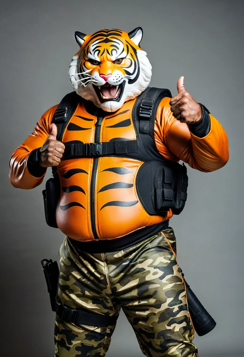 (a dark-skinned fat muscular old man in a bulky camouflage zipper diver suit) fighting pose, (wearing realistic roaring siberian tiger mask) and gun inside a holster, thumbs up, muscular, Basuki Abdullah, sumatraism, action, a character portrait, heroic, fierce, snarling