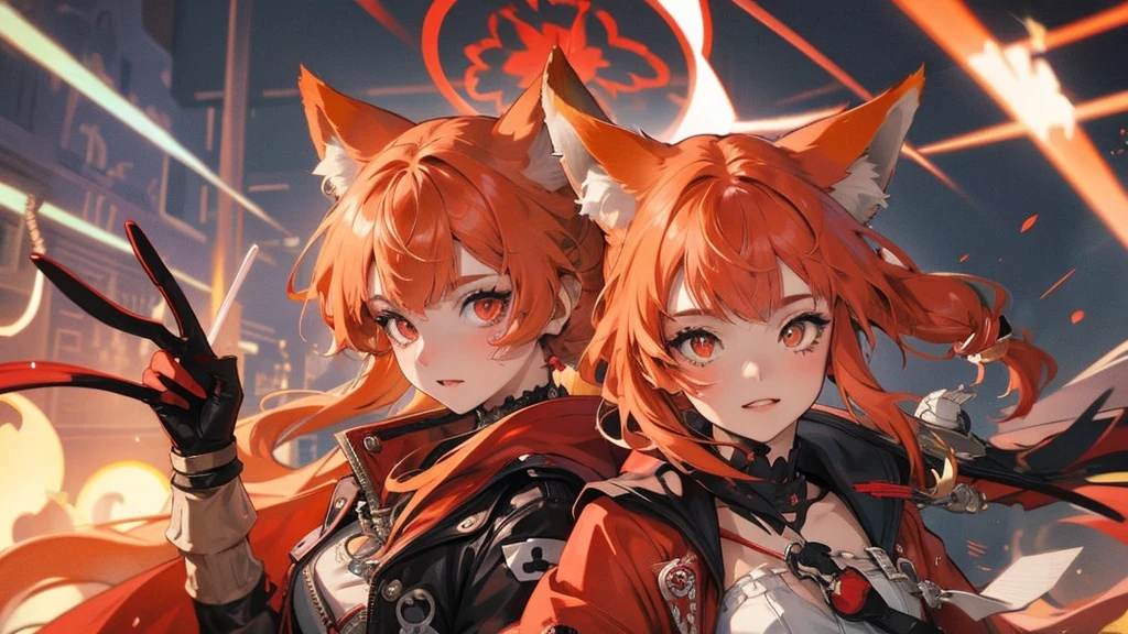 Goddess, girl with orange hair and fox ear, red eyes, wearing red jacket,  tokyo, dynamic light, cinematic light, complicated background