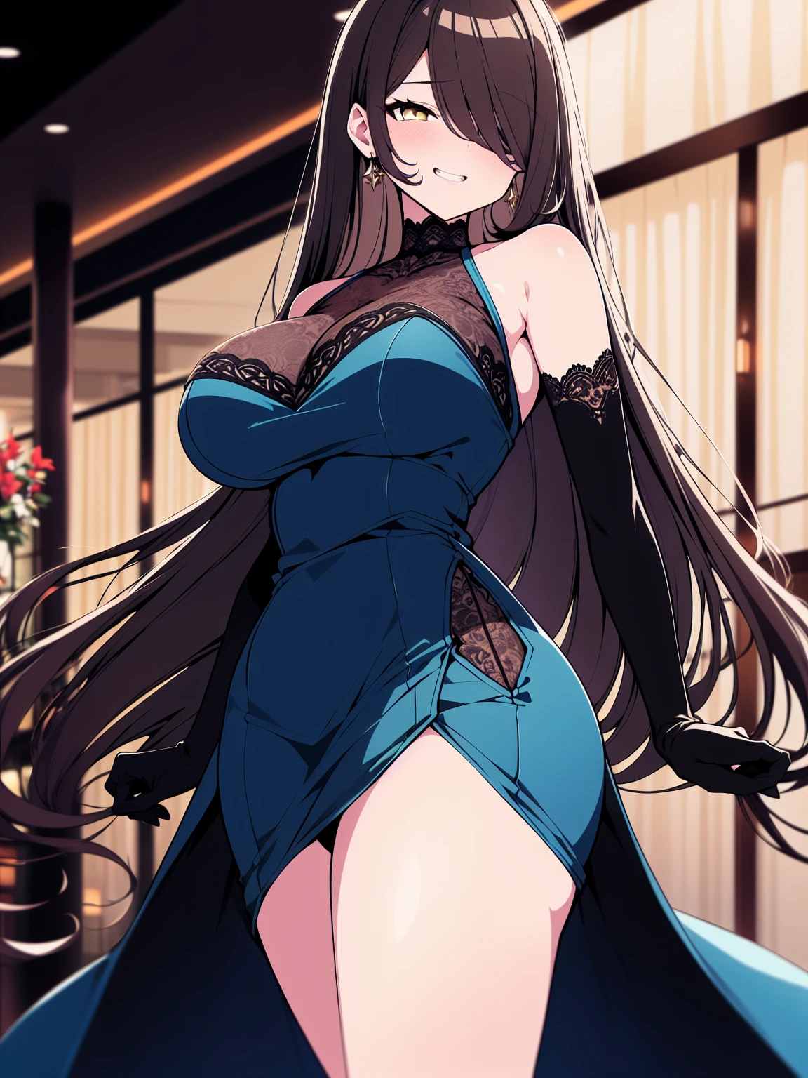 (cowboy shot), (ultra-high resolution, depth of field:1.2), 1woman, mature, brunette hair, long straight hair, yellow eyes, hair over one eye, large breasts, (wide hips), night dress, (blue dress), elbow gloves, black lace gloves, indoors, bare shoulders, sleeveless dress, ((fancy hotel lobby)), grin