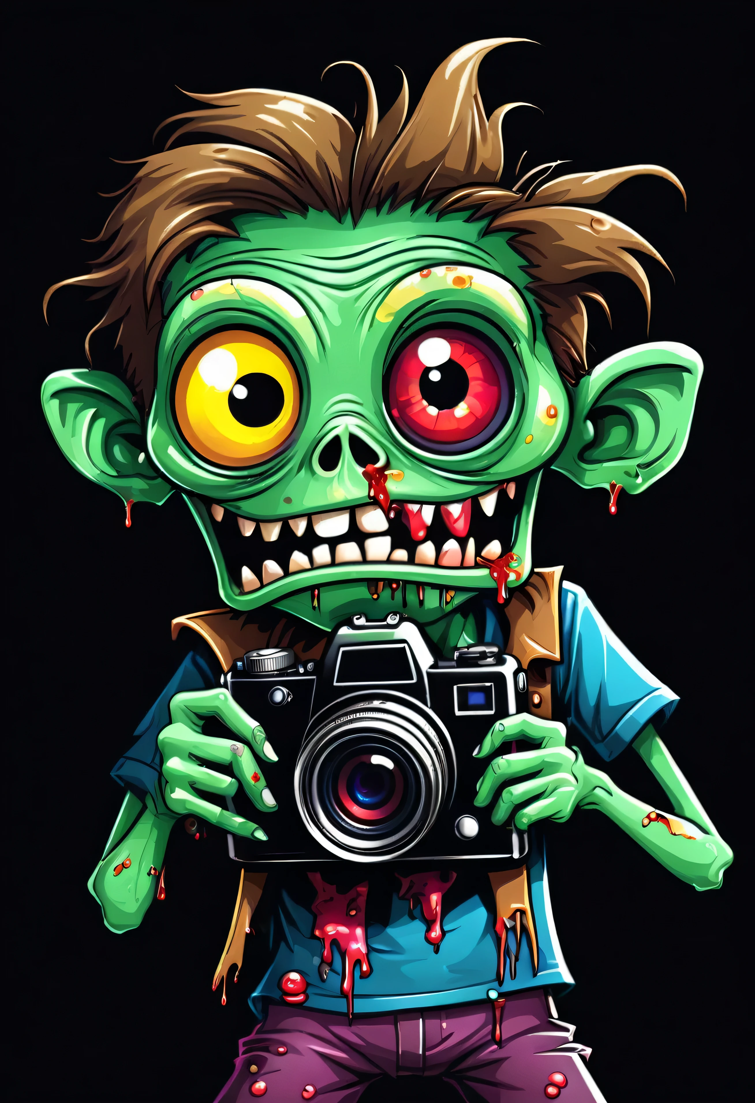 2D image, funny cartoon zombie holding photo camera, solid black background