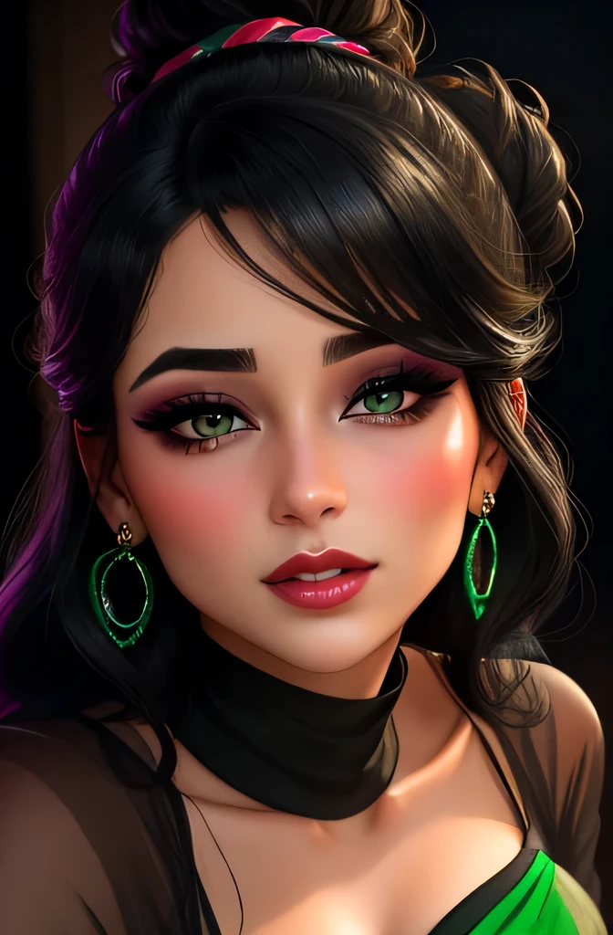 Amazing portrait of a sexy woman with a beautiful face emphasized by amazing makeup and beautifully detailed eyes with perfect lips wearing her black hair in a messy bun blushing intensely as she's flustered and lustful wearing some elegant earrings and a black blouse paired with a sheer dark green saree making her look hot with vibrant colors and soft lighting