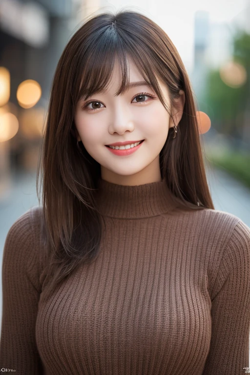 (Photo Real:1.4), (hyper realisitic:1.4), (Smooth lighting:1.05), 8K Wallpaper, Beautiful Woman with Perfect Figure,Slender, (mournful smile:1.4), Mouth slightly open, Neat and clean beauty, 20 years girl, Soft lighting, Back lighting, (cheerfulness:1.2), (Finest Real Textured Skins), Super fine face, glowy skin, retinas, Anatomically correct, acurate, Super Detail, Textured skin, High quality, high details, Best Quality, High resolution, Bangs,Straight hair,large breasts natural color lip, Mocha long sleeve knit dress