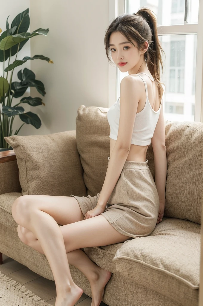 (((best quality))),(((ultra detailed))),(((masterpiece))),illustration,((1 beautiful girl, college student,solo)),((slim,thin,small breasts,flat chest)),(short ponytail:1.2),(sleeveless shirt:1.2), studying, books, dormitory, summer afternoon, sky, gloomy shadow, bed, wooden desk, bookshelf, soft warm light, lamp, gentle glow, almond-shaped eyes, textbooks, daydreaming, beach, cities, vacation, smile, pen, highlighting, notebook, dates, stretching legs, cushion, portable fan, soothing breeze, summer heat, herbal tea, thirst, potted plants, greenery, vibrant leaves, cozy atmosphere, determined expression, excel exams, summer break, intelligence, determination, achieve goals,((sitting on the sofa,arms behind back,spread legs apart,from front,full body))