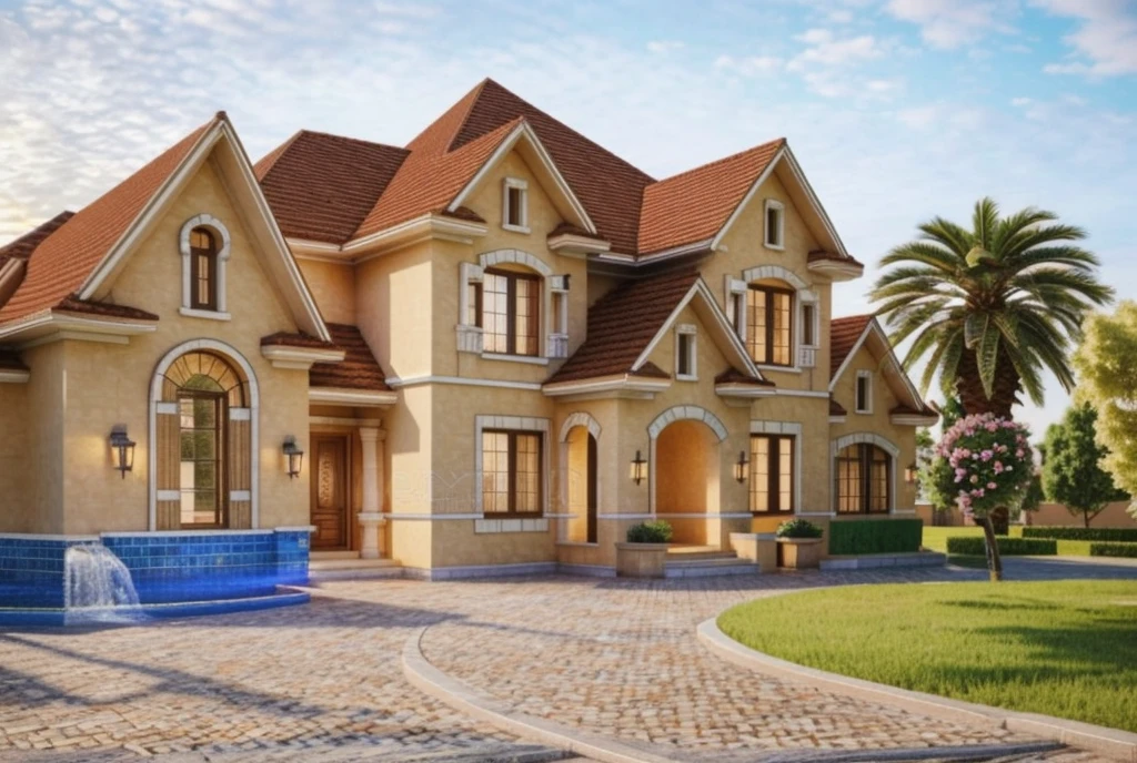 (Mediterranean Revival  house ,close houses and trees), (Mediterranean Revival  style architecture) daylight ( best quality) ((high solution)) ,(( photo realistic)) ,warm light,  soft lighting, warm atmosphere,high Resolution, hyper detailed,4k ,vray render, octane render, hyper realistic, photography expert ,exterior design , professional photography, exterior photography,wide-angle shot , ultra detail , high Resolution , full frame, full body