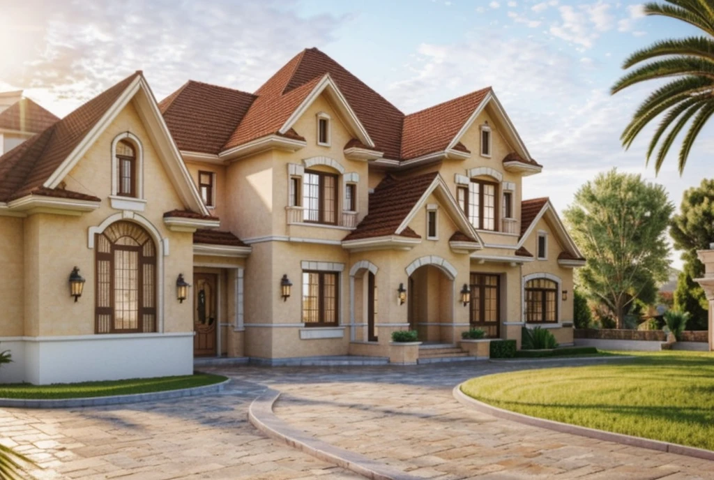 (Mediterranean Revival  house ,close houses and trees), (Mediterranean Revival  style architecture) daylight ( best quality) ((high solution)) ,(( photo realistic)) ,warm light,  soft lighting, warm atmosphere,high Resolution, hyper detailed,4k ,vray render, octane render, hyper realistic, photography expert ,exterior design , professional photography, exterior photography,wide-angle shot , ultra detail , high Resolution , full frame, full body