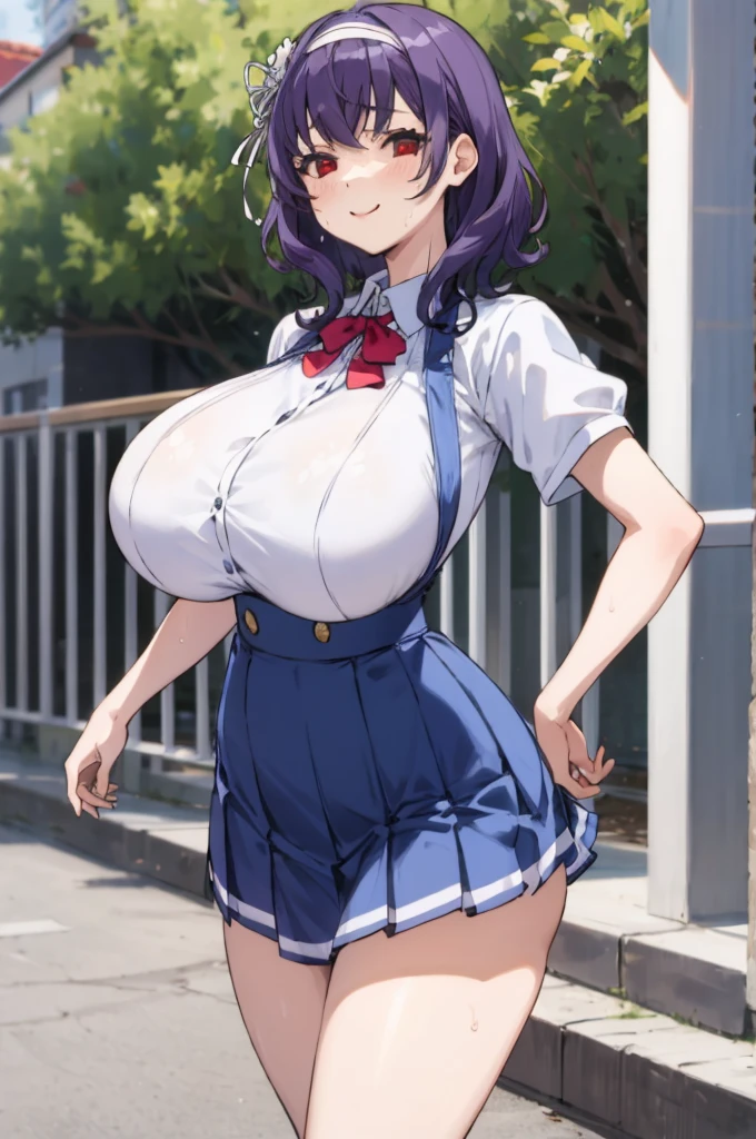 ,1girl, looking at viewer,
yamanobe tomo, purple hair, red eyes, medium hair,  , hairband,white shirts, short sleeves, blue skirt, high waist skirt,,(((huge breasts))), ,socks,standing,,outdoor,sweating,