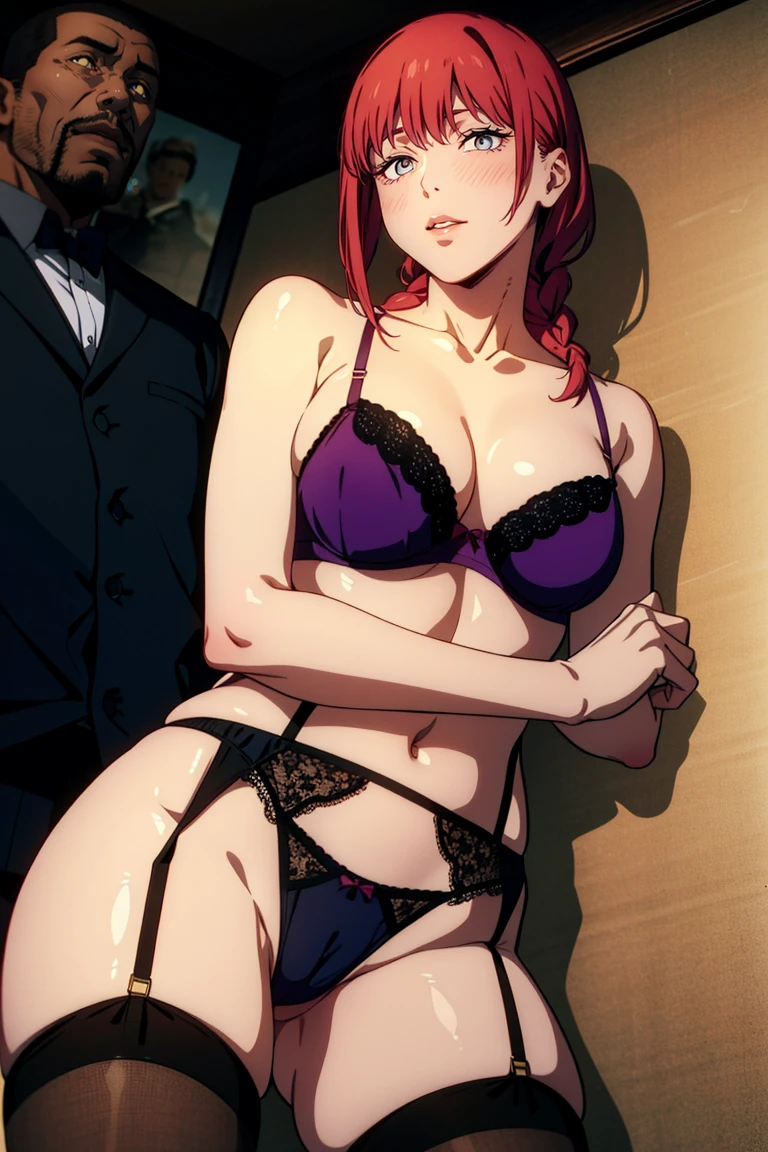 1girl, 1male, ((Makima with black men)), posing with very dark skinned male, interracial, netorare, couple, underwear, garter belt, bra, panties, purple panties, purple bra, navel, garter straps, breasts, realistic, male domination, short hair, lingerie, thigh highs, underwear only, lips, looking at viewer, red hair, collarbone, long braid, yellow eyes, hugging with african men, cowboy shot, jewelry, romantic posing, from below ,((hairy pussy))