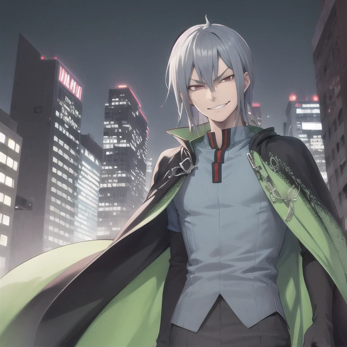 masterpiece, best quality, looking at viewer, 1boy,  smirk, naoyadesu, black and green cape, blue shirt, standing, city