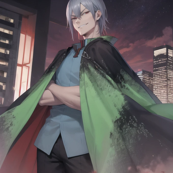 masterpiece, best quality, looking at viewer, 1boy, smirk, naoyadesu, black and green cape, blue shirt, standing, city