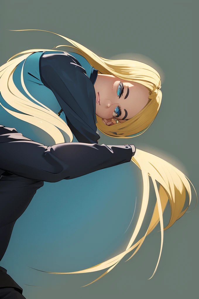 holding a pistol ,1 person、No sleeve、Ahegao、ponytail、blonde、amount、Blue Leather Shirt、Sara、No sleeve、best quality, super fine illustration,(((beautiful fine hair))),(((beautiful fine face))),(((beautiful fine background))),blue-black leather pants, silver zipper,belt below the waist,super fine illustration,(((beautiful fine hair))),(((beautiful fine face))),(((beautiful fine background))),normal small size,bangs bangs ,(((beautiful fine hair))),(((beautiful fine face))),(((beautiful fine background))),blond hair , showing forehead, silver center zipper, leather blue black bodysuit, sleevelesblue blacks, shiny, blonde ponytail