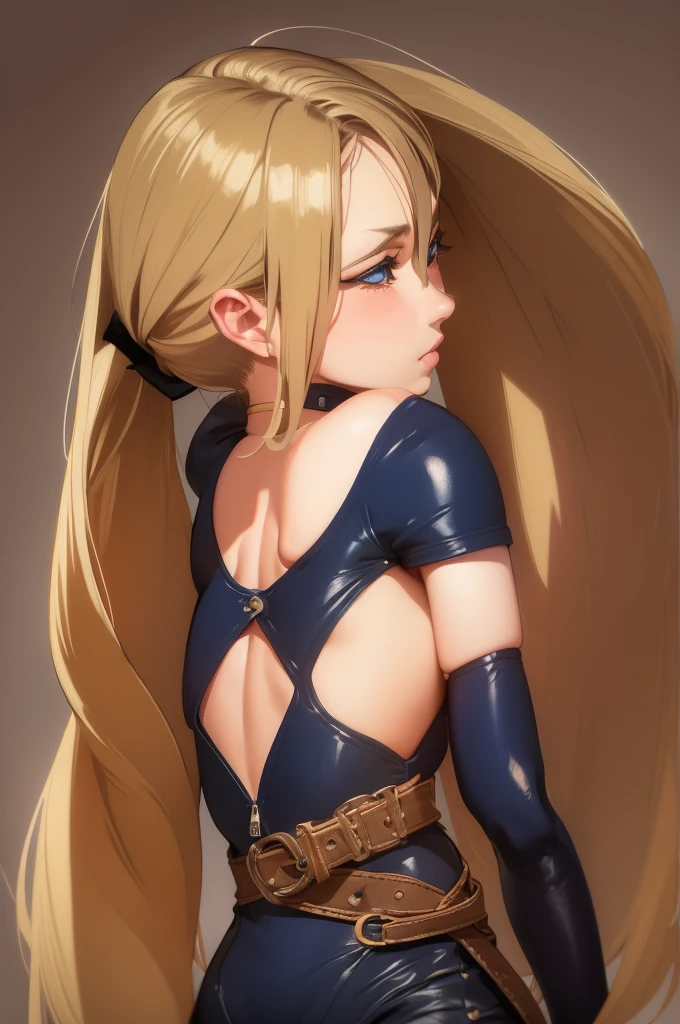 holding a pistol ,1 person、No sleeve、Ahegao、ponytail、blonde、amount、Blue Leather Shirt、Sara、No sleeve、best quality, super fine illustration,(((beautiful fine hair))),(((beautiful fine face))),(((beautiful fine background))),blue-black leather pants, silver zipper,belt below the waist,super fine illustration,(((beautiful fine hair))),(((beautiful fine face))),(((beautiful fine background))),normal small size,bangs bangs ,(((beautiful fine hair))),(((beautiful fine face))),(((beautiful fine background))),blond hair , showing forehead, silver center zipper, leather blue black bodysuit, sleevelesblue blacks, shiny, blonde ponytail