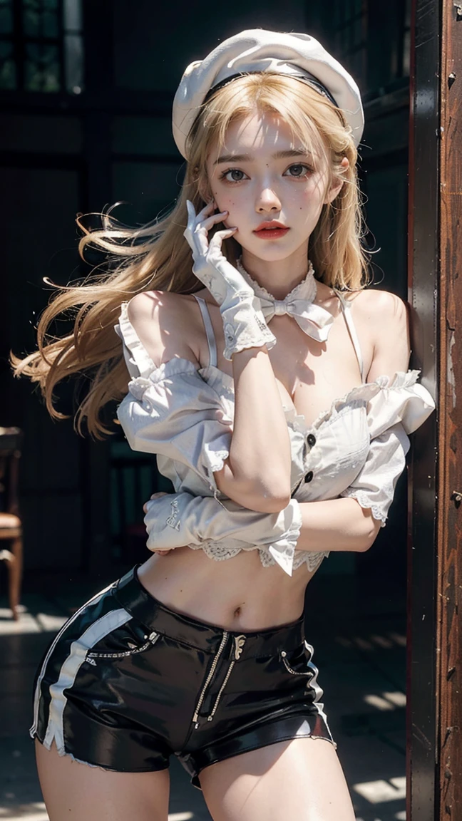 z23,, textured skin, 8k, beautiful detailed eyes, cinematic lighting, beautiful detailed face, ultra-detailed, world masterpiece theater, cinematic lighting,, 1girl, solo, blonde hair, purple eyes, hair bow, white shirt, beret, bare shoulders, gloves, iron cross, bike shorts, :d, armband, white gloves, cowboy shot,