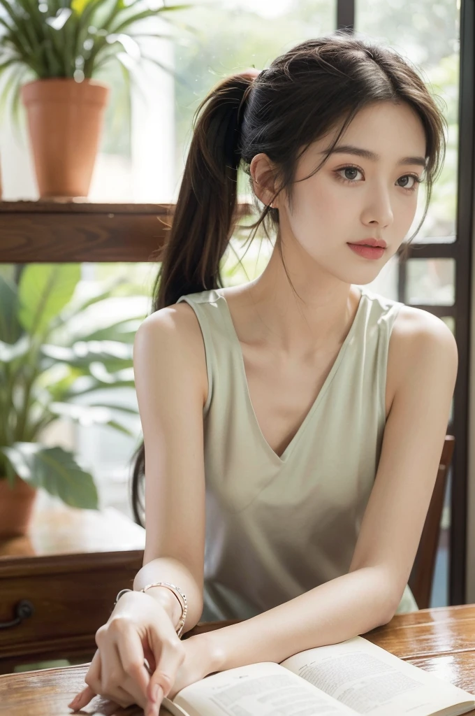 (((best quality))),(((ultra detailed))),(((masterpiece))),illustration,((1 beautiful girl, college student,solo)),((slim,thin,small breasts,flat chest)),(short ponytail:1.2),(sleeveless shirt:1.2), studying, books, dormitory, summer afternoon, sky, gloomy shadow, bed, wooden desk, bookshelf, soft warm light, lamp, gentle glow, almond-shaped eyes, textbooks, daydreaming, beach, cities, vacation, smile, pen, highlighting, notebook, dates, stretching legs, cushion, portable fan, soothing breeze, summer heat, herbal tea, thirst, potted plants, greenery, vibrant leaves, cozy atmosphere, determined expression, excel exams, summer break, intelligence, determination, achieve goals,((from front,upper body))