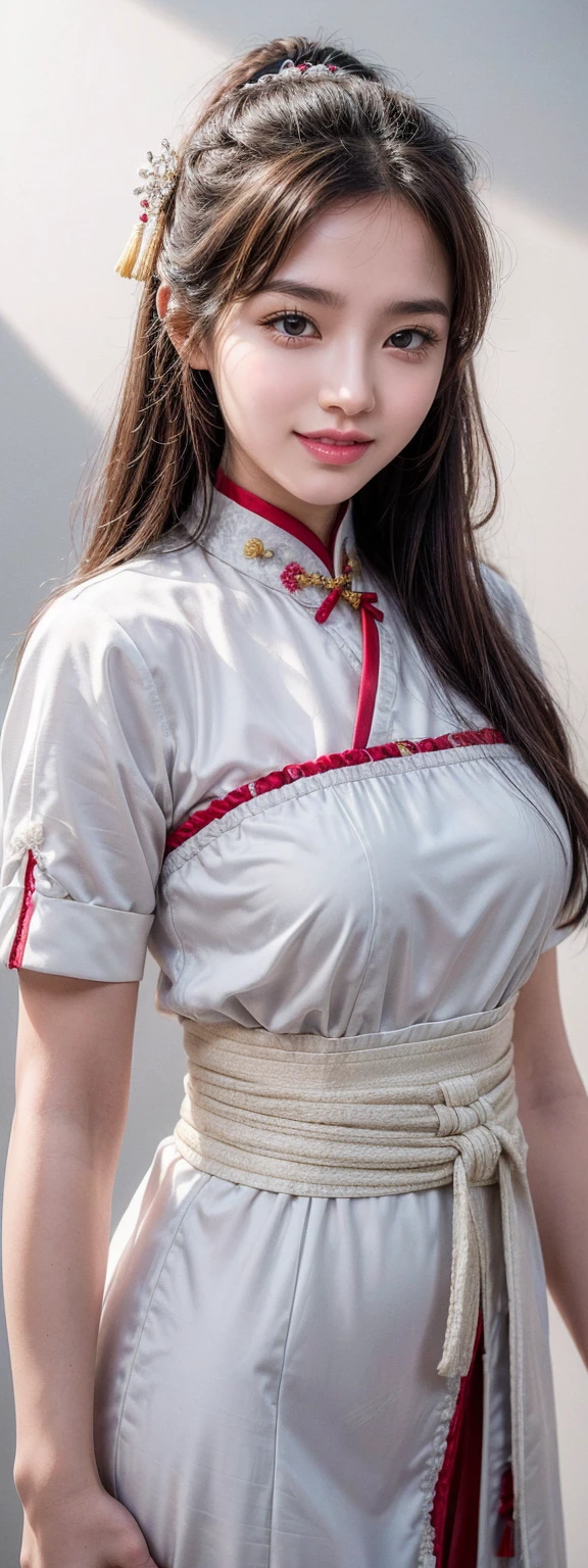 (High-resolution photos, Break, 1 girl, 28 years old, Miss, Facial details, Baby fat, Waist accessories, Holding Hands, Smile, Show less teeth, White skin, Upper Body, Chinese traditional clothing, Model pose, Studio Lighting)