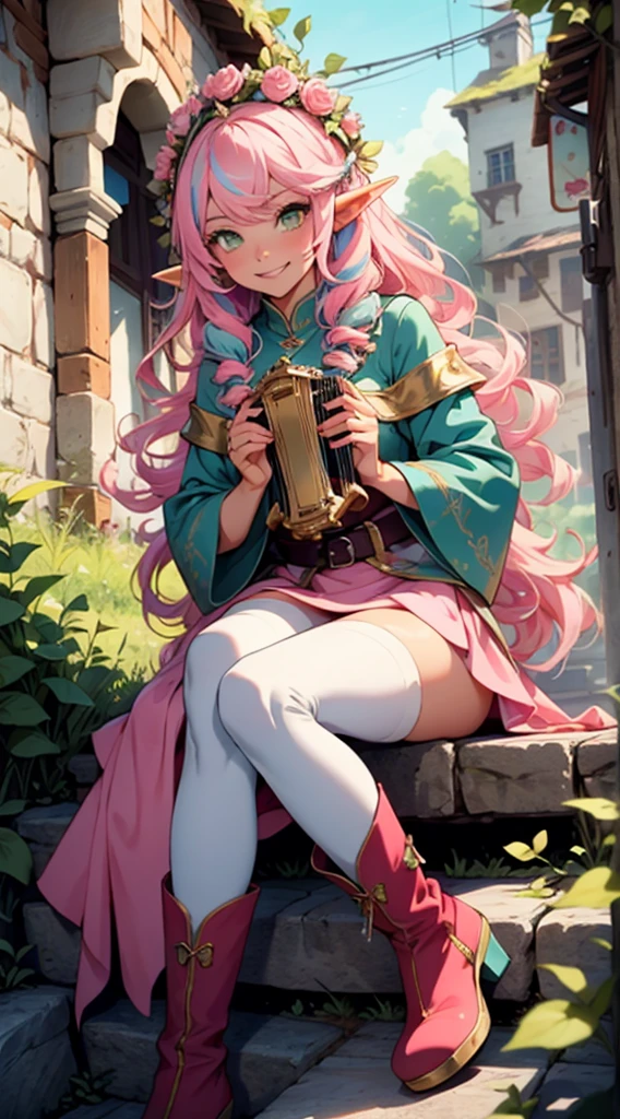 beautiful adult women elf, long pink hair and blue streaks hair, green eyes, with flower crown, smile, flirty bard, playing a small harp, boots, blue and pink armor dress, medium bust, 
