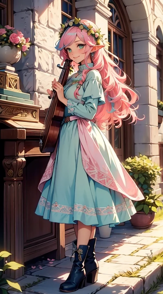 beautiful adult women elf, long pink hair and blue streaks hair, green eyes, with flower crown, smile, flirty bard, playing a small harp, boots, blue and pink armor dress, medium bust,