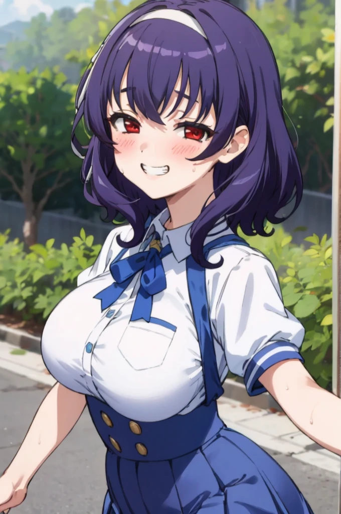 ,1girl, looking at viewer,
yamanobe tomo, purple hair, red eyes, medium hair,  , hairband,white shirts, short sleeves, blue skirt, high waist skirt,,huge breasts, ,grin,blush,outdoor,sweating,