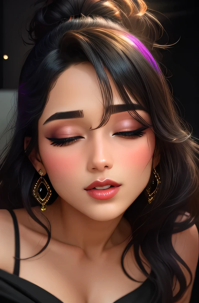 Amazing portrait of a sexy woman with a beautiful face emphasized by amazing makeup and beautifully detailed eyes with perfect lips wearing her black hair in a messy bun blushing intensely as she's flustered and lustful wearing some elegant earrings and a black blouse paired with a sheer dark green saree making her look hot with vibrant colors and soft lighting