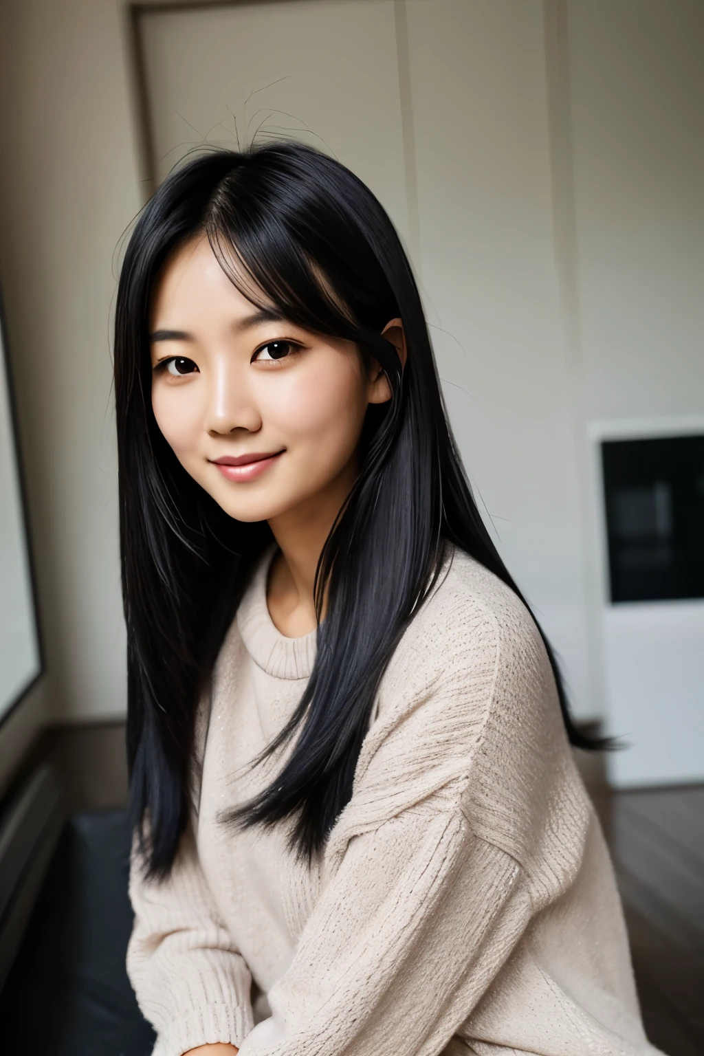 serious, thin woman, black hair, mediam hair, asian, artist, (Slightly hollow cheeks), intellectual, smiling