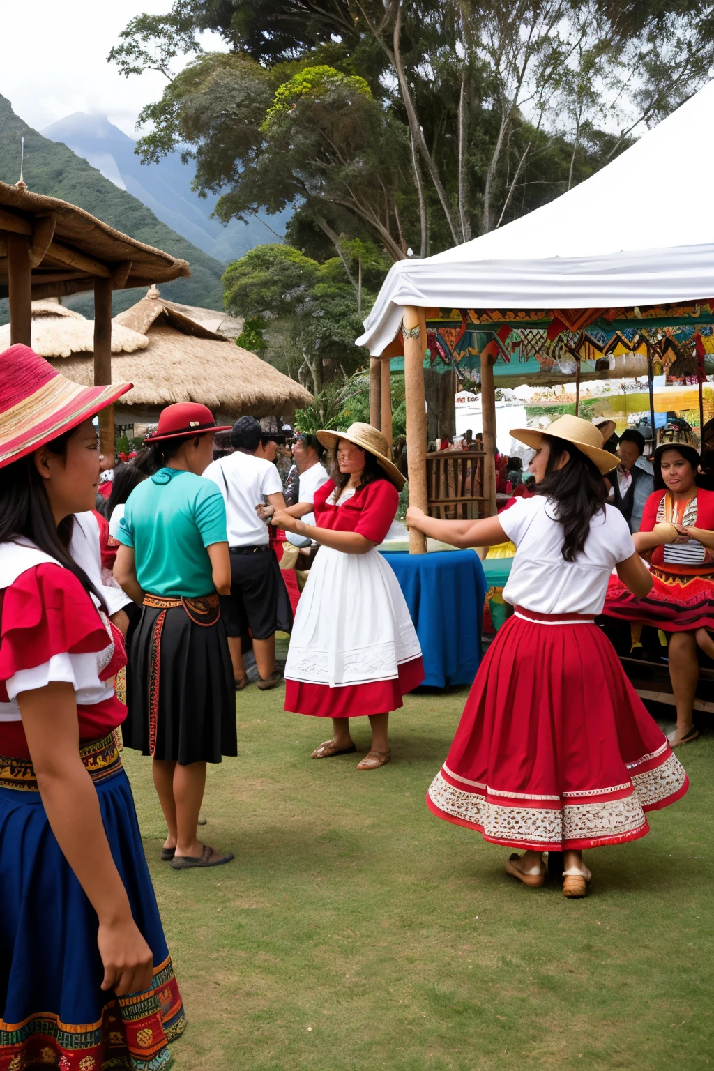 fairs of Peru, in A SMALL PATIO, WITH GRASS, with young university students, with dances, corners, food, of the coast, mountains and jungle of peru, realist