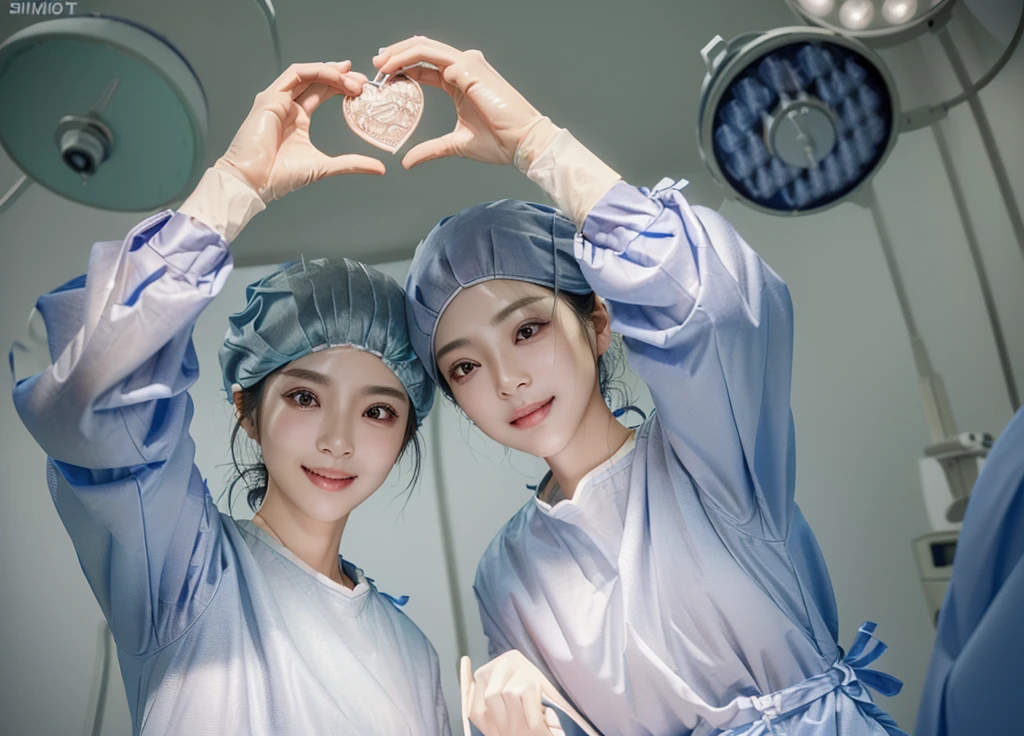 (cowboy shot:1.2), smiling elegant slim asian woman, Japanese, wearing surgical_mask_open, completely_undone, (((surgical outfit))), black hair, (heart hands1.4), (modern surgery room), photo, 2girls, ultra high res, realistic photorealistic, ultra-detailed, finely detailed, high resolution, perfect dynamic composition, (perfect eyes), (detailed eyes), solid circle eyes, sparkling eyes, (clean eyes), anatomically correct, super detail, textured skin, extremely detailed face and eyes, detailed facial features, ((perfect face)), wide hips