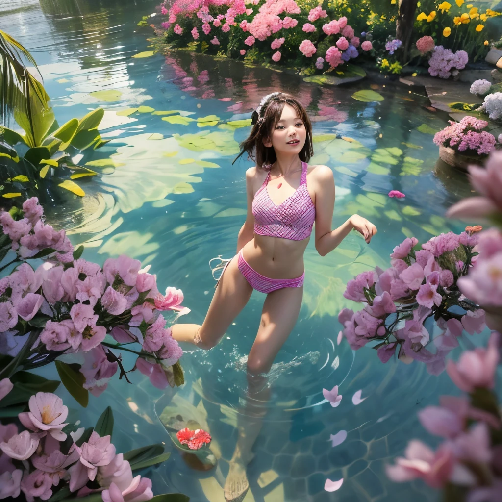ExtremelyDetailed(ProfessionalPhoto of Girl Floating in the Sky:1.37), 280th floor infinity pool,The tallest building in the urban forest, {Around bonsai|Luo Han Song|coconut palms|tulips|Rose flower}, (Masterpiece 8K TopQuality:1.2), ExtremelyDetailed KAWAII face Eyes BREAK Detailed impeccable Radiant PearlSkin with Transparency, Skinny(SchoolSwimwear:1.28) beautiful graceful {(HiddenHand)|(Corrected BabyLikeHand)} (Whole Body Proportions and all limbs are Anatomically Accurate), (Full of Flowers)