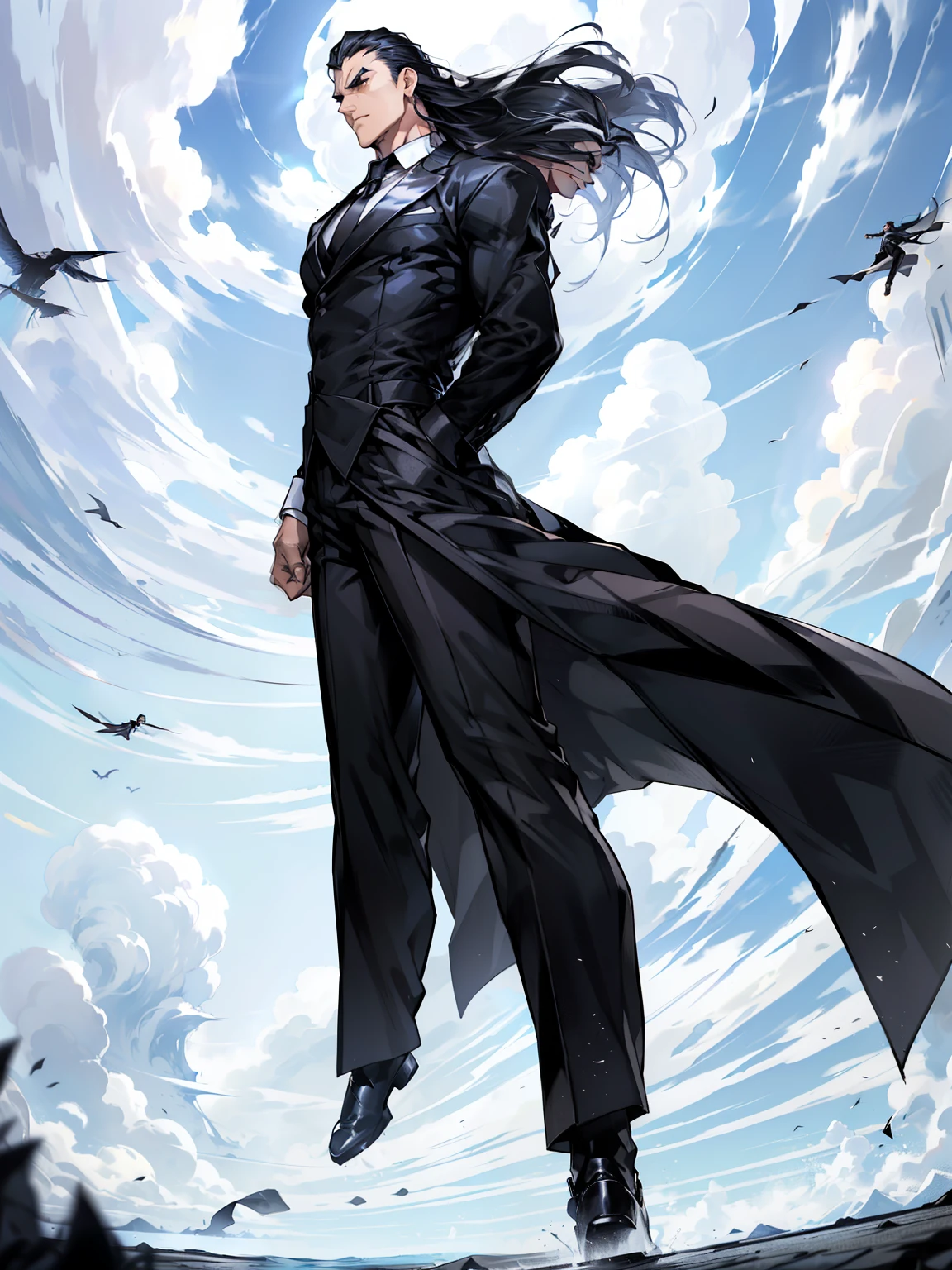 boys 26 Years old, Serious face, muscular, slick back long hair, wearing ((black long suits, white shirts, black ties, black pants)), high cut boots, ((hands behind back)), levitate in the air, cloud, blue sky 
