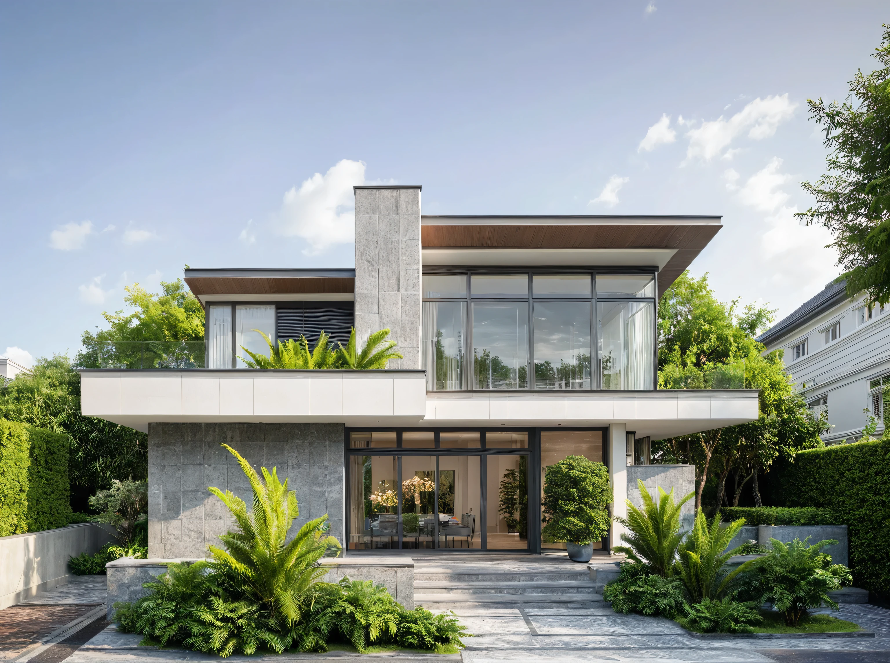 modern villa on street, (daylight), tropical tree, green shrub and plants, vivid color, streetcapes, minimalist design, brigth grey tone, large glass door, warm interior lighting, modern material, best quality, ultra realistic, masterpiece, 17ArchiAI_XL_VL-v1
