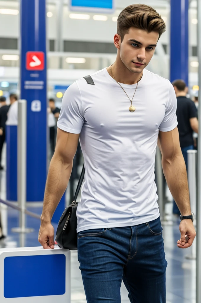 Handsome boy in white t-shirt on moscow airport domodedovo