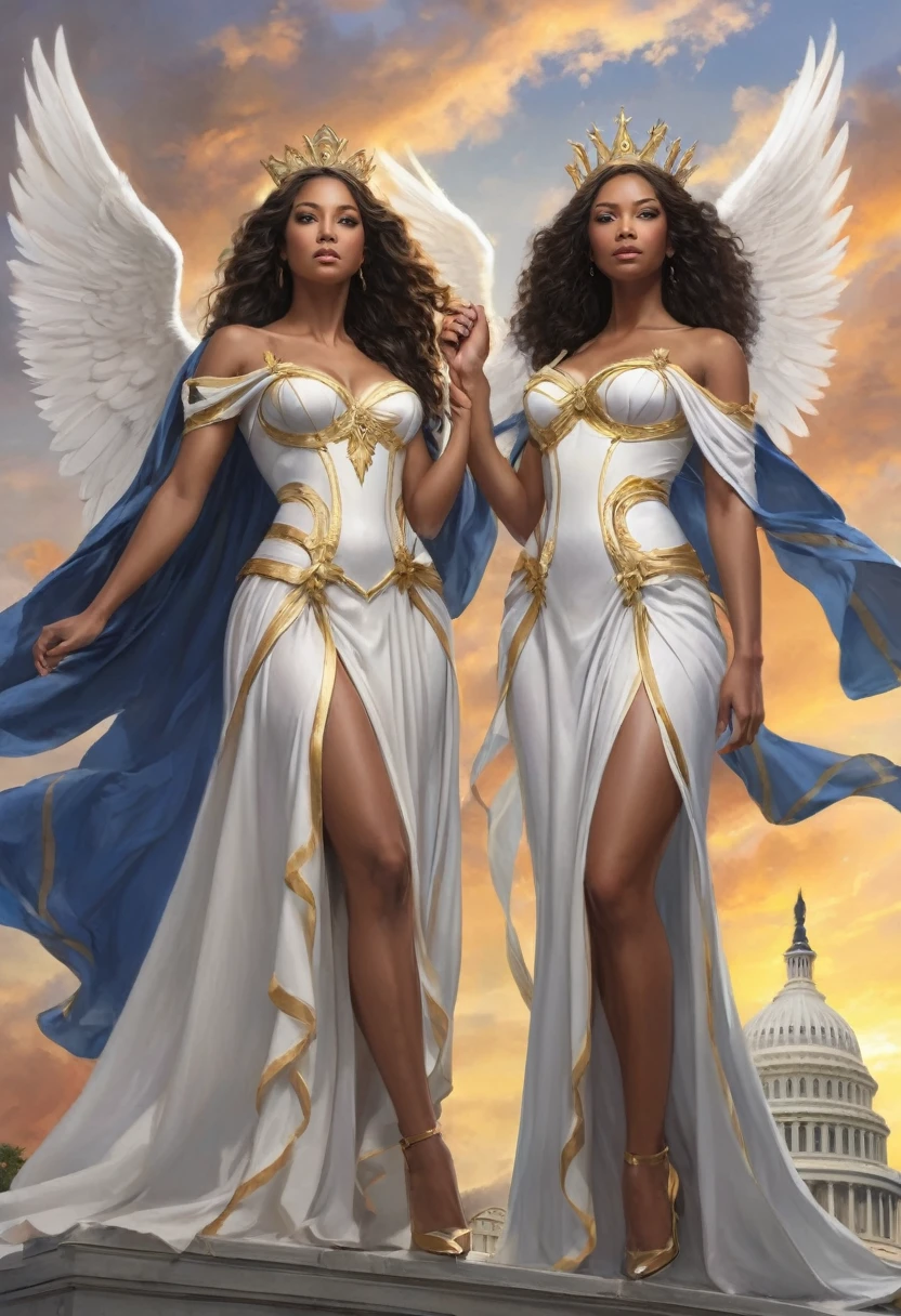 A realistic, masterpiece, photorealistic depiction photo depicting two regal, angelic women standing before the U.S. Capitol. Both women have majestic white wings and wear golden crowns. The African American woman on the left, with curly dark hair, extends her arm forward, while the blonde woman on the right holds a raised sword. They wear elaborate, classical robes with golden and blue accents. Above them, a banner with red and blue stripes and white stars, with the words say, "As Long As Men Die," "Liberty Will Never Perish" unfurls in the sky, with perfect spelling and word placement. The backdrop features a dramatic, colorful sky at sunset, adding to the grandeur and epic nature of the scene. ((highres:1.5)), ((best quality:1.6)), ((super detail:1.5)), photo, cinematic